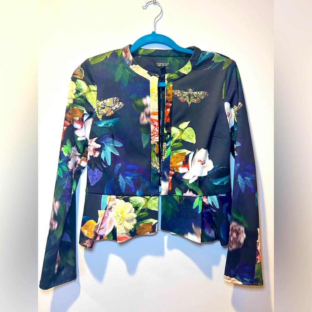 Top Shop Size 4 Floral Peplum Cropped Jacket Long Sleeves Trendy‎ READ
